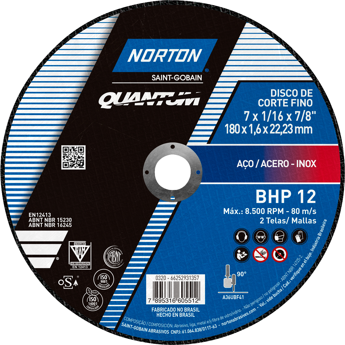 Disco de corte, 178 mm × 1,6 mm × 22,2 mm, BHP-12, para aço e inox, alta performance, 66252931357, NORTON